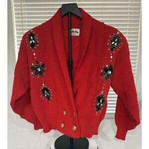 Vintage COLON Red Embellished Knit Cardigan Vest USA Made Medium Beaded 80s